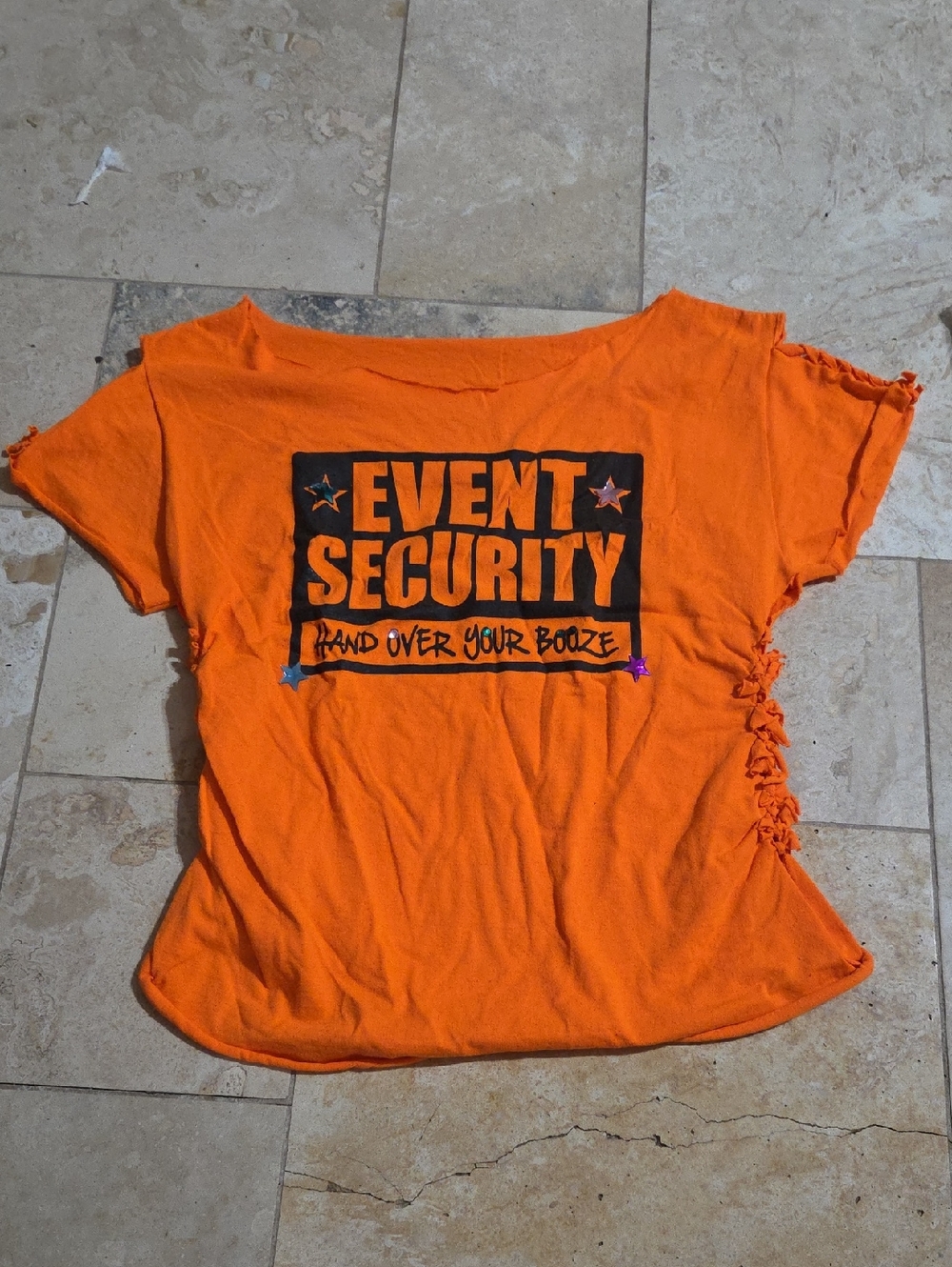 🧡 Event Security Orange Graphic Tee – Upcycled Cut & Tied Rhinestone Embellish